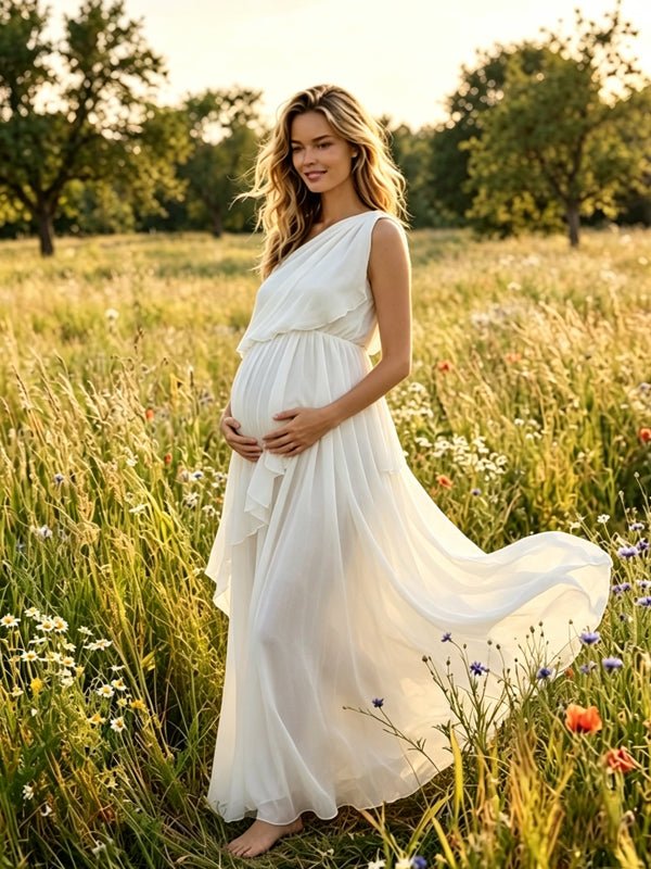 Momyknows Oblique Shoulder Falbala Solid Color Maternity Photoshoot Maxi Dress - White - 3