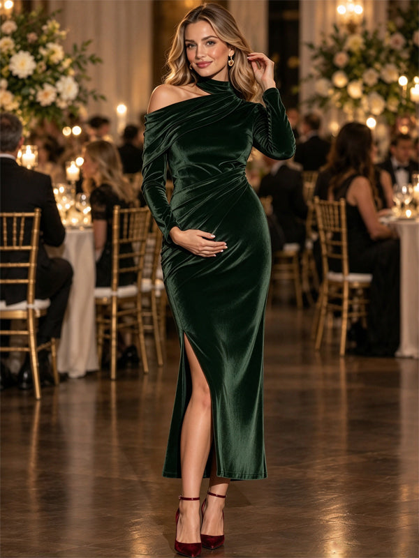 Dark Green Ruched Maternity Maxi Dress with Asymmetric Shoulder and High Side Slit and Elegant Silhouette, Photoshoot Occasion
