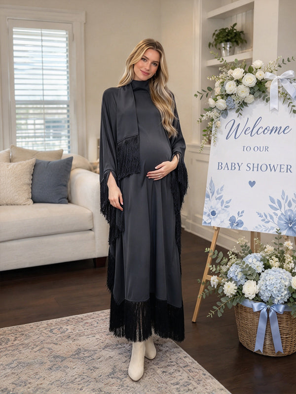 Black Maternity Maxi Dress with Batwing Top and Tassel Ribbon Accents and Flowing Silhouette