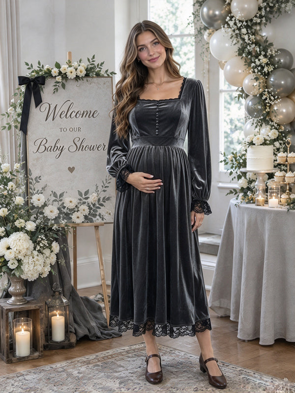 Grey Velvet Baby Shower Maternity Midi Dress with Lace Panels and Decorative Button Design