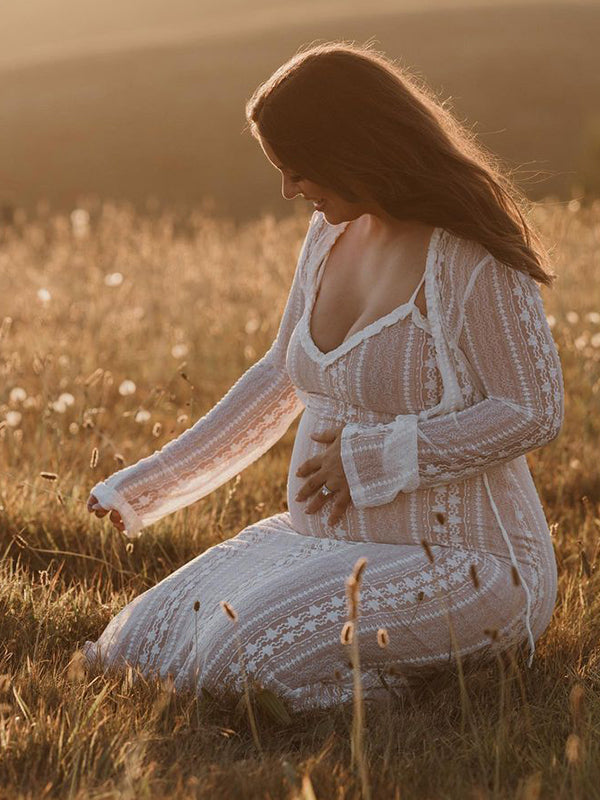 Momyknows Ivory Lace Two Piece Set Side Slit V-neck Cami Maxi Dress And Crop Cardigan Elegant Going Out Maternity Photoshoot Baby Shower Maxi Dress Momyknows Ivory Lace Two Piece Set Side Slit V-neck Cami Maxi Dress And Crop Cardigan Elegant Going Out Maternity Photoshoot Baby Shower Maxi Dress