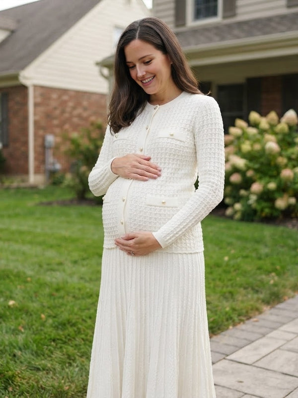 White Elegantd Crochet Maternity Maxi Dress with Button Front and Flattering Silhouette, Photoshoot Style
