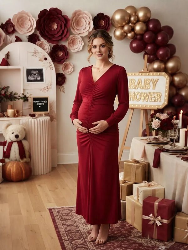 Momyknows Long Sleeve V-neck Ruffle Solid Color Maternity Baby Shower Maxi Dress - Wine Red - 1