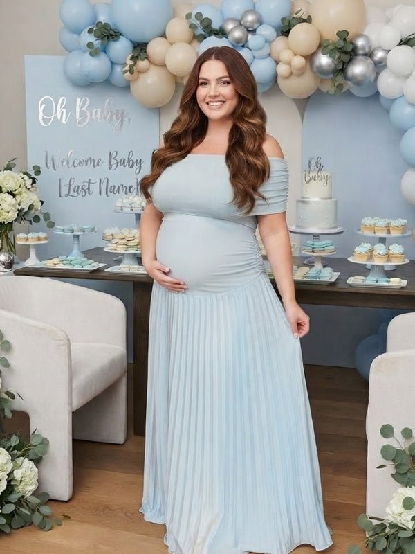 Momyknows Ruched Pleated Off Shoulder Plus Size Maternity Baby Shower Maxi Dress, Light Blue / XL