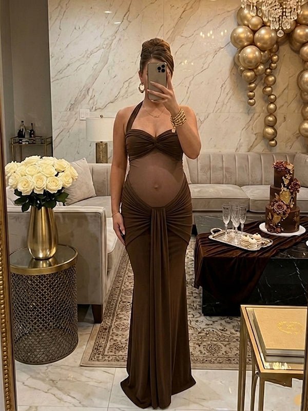 Momyknows Chic Brown Side Draped Halter Neck Backless Bodycon Baby Shower Maternity Maxi Dress, Brown / M