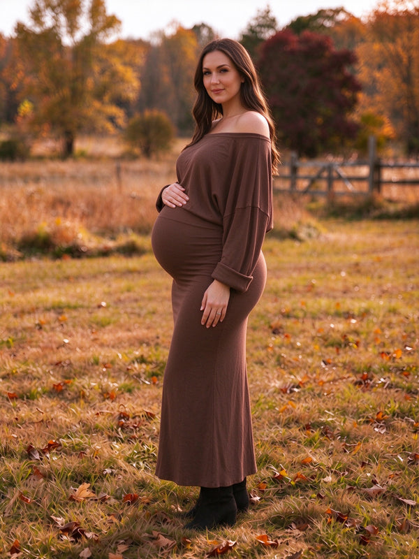 Brown crochet maternity maxi dress with off-the-shoulder and open-back details, flowing maxi fit