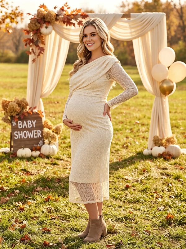 Apricot Plus Size Lace Maternity Dress with One-Shoulder Design and Flattering Fit