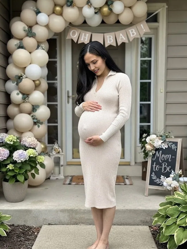 Ivory-White Crochet Sweater Maternity Midi Dress with V Neck Detail and Elegant Silhouette
