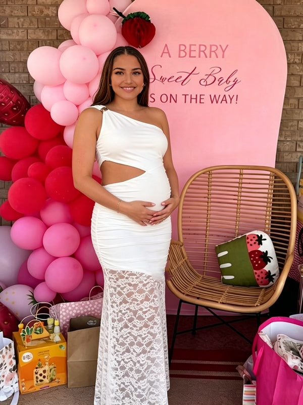 Momyknows White Oblique Shoulder Crop Top Lace Splicing Maternity Baby Shower Maxi Dress