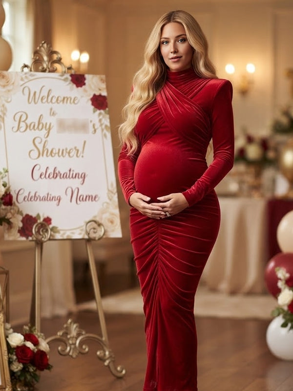 Red Ruched Maternity Maxi Dress with Cross Chest and Backless Detail and Bodycon Silhouette, Baby Shower Style