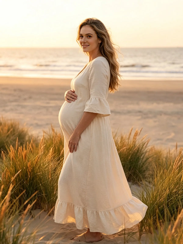 White Long Maternity Dress with V-Neck and Three-Quarter Sleeves and Pockets