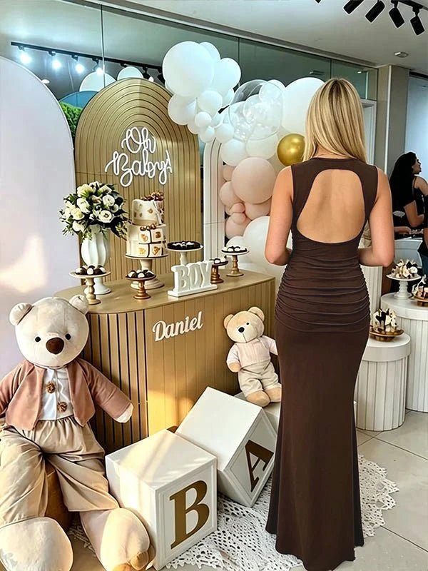 Momyknows Brown Halter Backless Slim Fit Solid Color Slit Elegant Baby shower Maternity Dress - Brown - 3