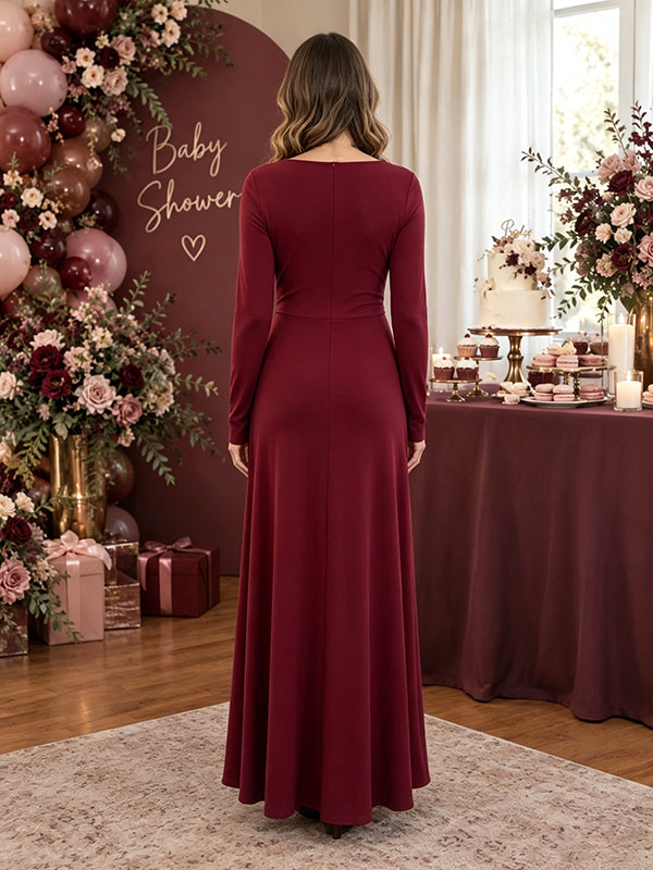 Wine Red Elegant Ruched Maternity Maxi Dress with Kink Detail and Flattering Silhouette