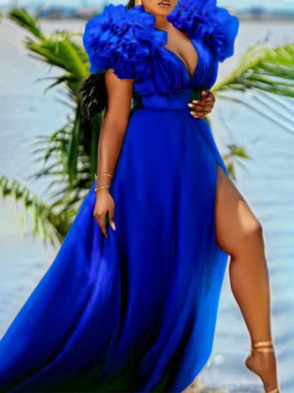 Momyknows Blue Tulle Ruffle V-neck Slit Plus Size Photoshoot Maternity Maxi Dress
