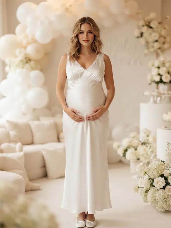 Momyknows White Ruffle Deep V Neck Lace Bodycon Satin Maternity Baby Shower Maxi Dress