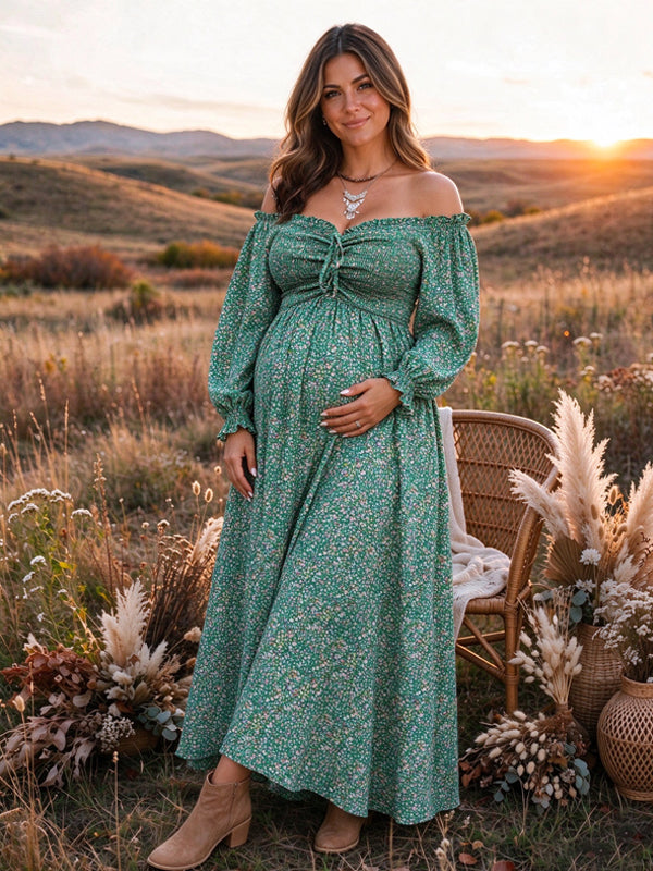 Green Printed Maternity Maxi Dress with Puff Sleeves and Flattering Fit, Photoshoot Occasion