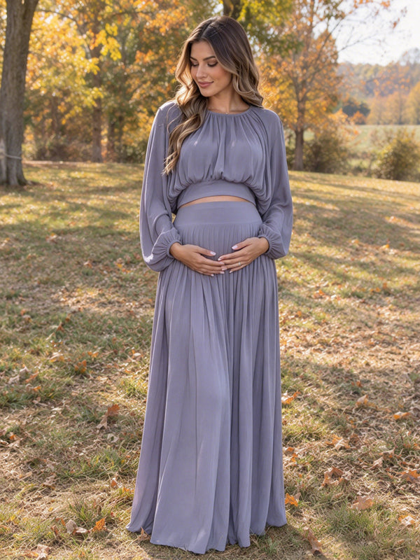Purple Maternity Maxi Dress with Ruched Design and Flattering Big Swing Silhouette, Photoshoot Style