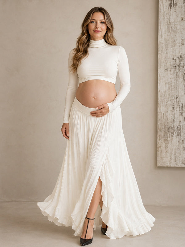 White Two Piece Maternity Maxi Dress with Side Slit Detail and Elegant Fit, Photoshoot Occasion