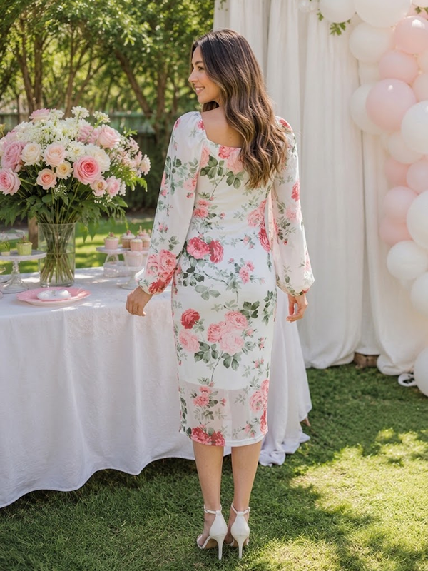 White Floral Maternity Maxi Dress with Mesh Accents
