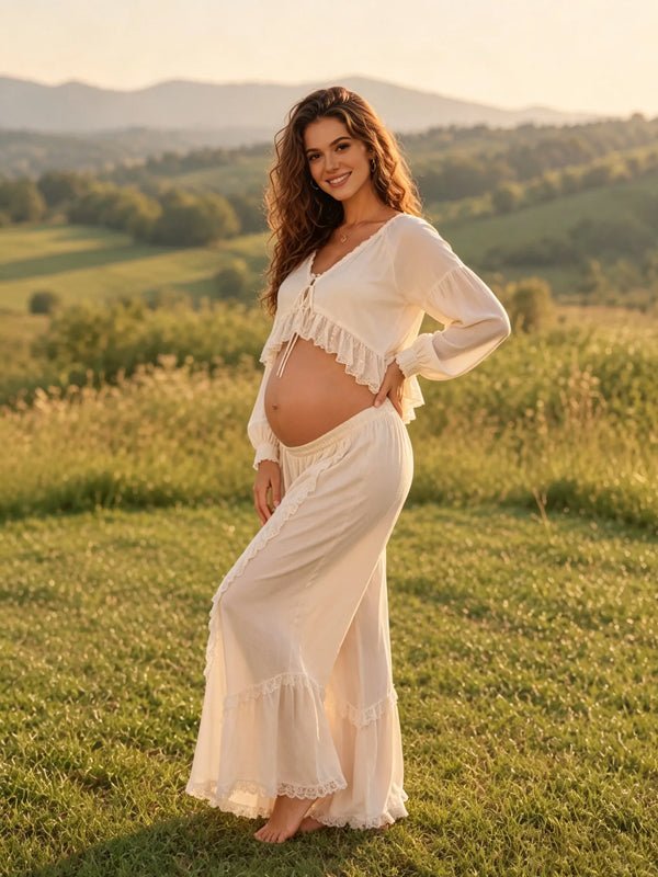Momyknows Apricot Lace Splicing Solid Color 2-in-1 Photoshoot Maternity Clothes - Apricot - 2