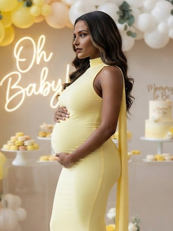Momyknows High Neck Ribbon Trumpet Ruched Maternity Baby Shower Maxi Dress - Yellow - 2