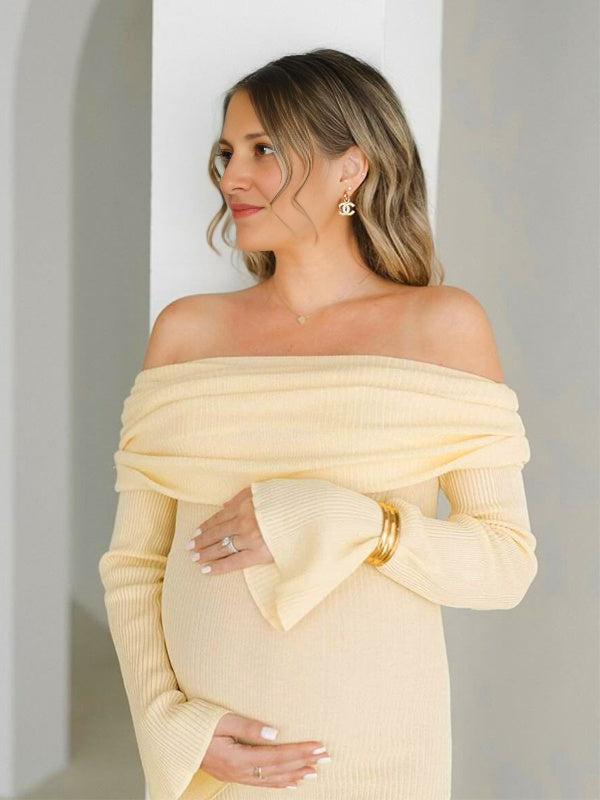 Momyknows Yellow Knit Off Shoulder Flare Sleeve Mermaid Bodycon Elegant Vacation Photoshoot Baby Shower Maternity Maxi Dress Yellow / M Momyknows Yellow Knit Off Shoulder Flare Sleeve Mermaid Bodycon Elegant Vacation Photoshoot Baby Shower Maternity Maxi Dress Yellow / M