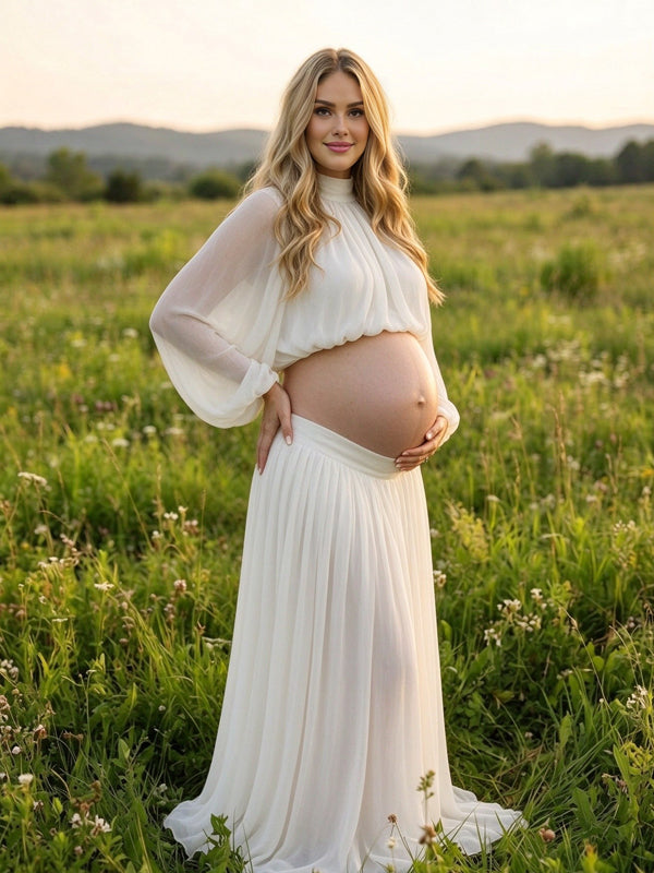 White Maternity Maxi Dress with High Neck and Open Back 2-in-1 Design