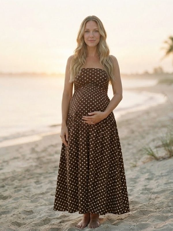 Momyknows Polka Dots Ruched Big Swing Backless Maternity Photoshoot Midi Dress - Brown - 6