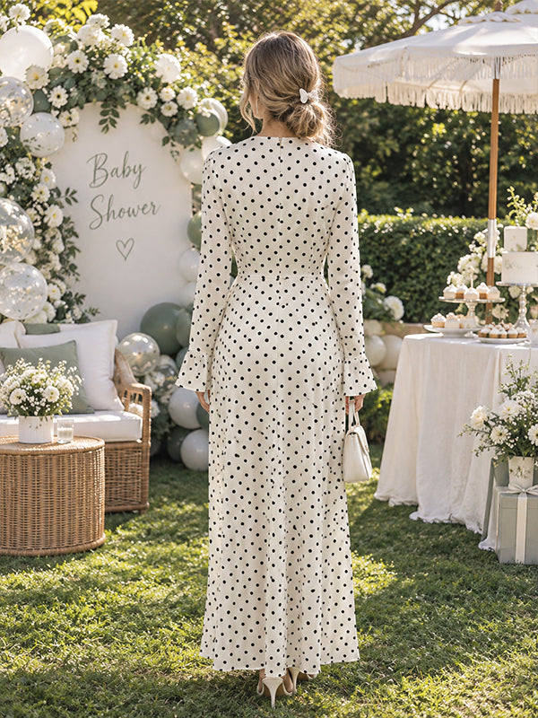 Apricot Polka Dots Maternity Maxi Dress with Flare Sleeves and Flattering Silhouette