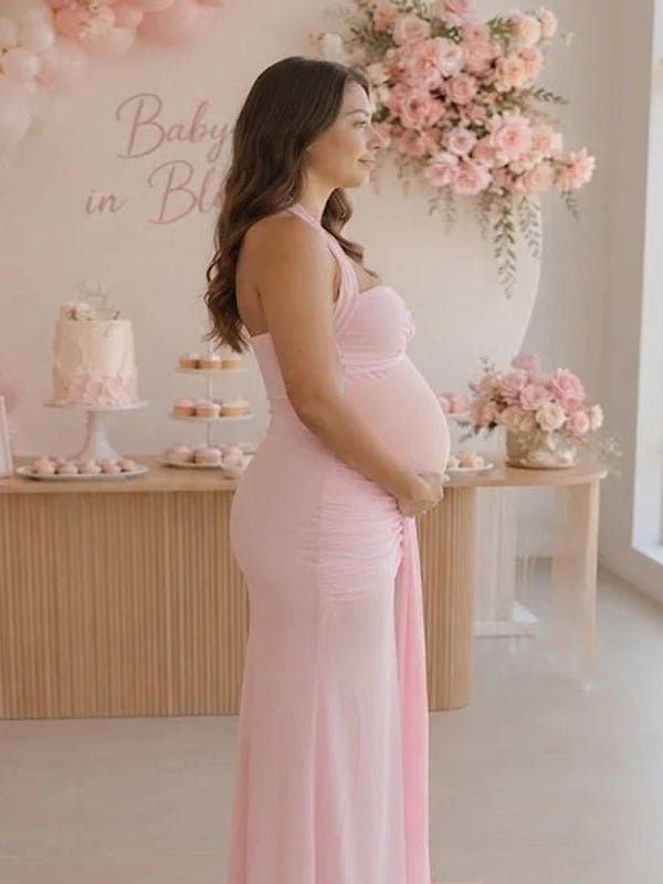 Momyknows Pink Halter Neck Ruched Sheer Lace Up Backless Maternity Baby Shower Maxi Dress - Pink - 2