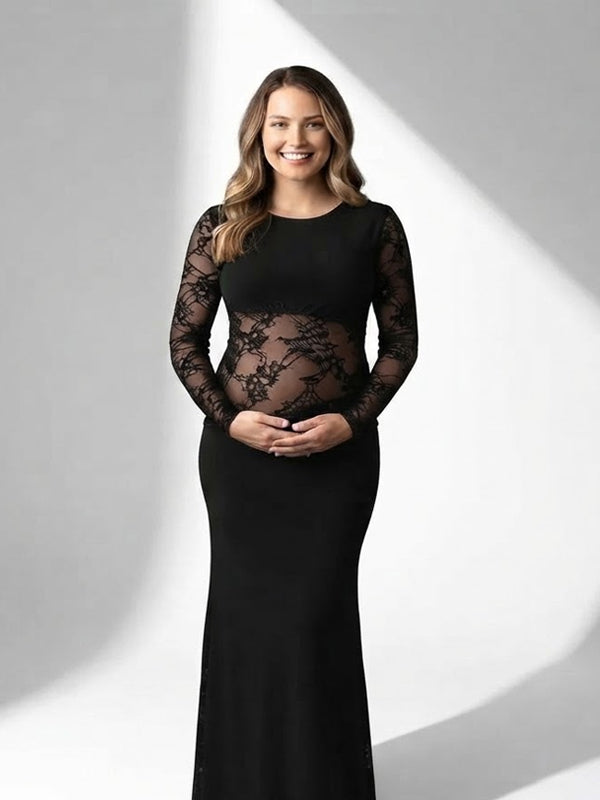 Momyknows Black Lace Sheer Bodycon Splicing Ruched Maternity Photoshoot Maxi Dress