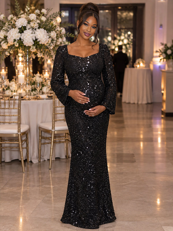 Black sequin maternity dress with flared sleeves and an A-line silhouette, featuring a sparkling finish for wedding guests