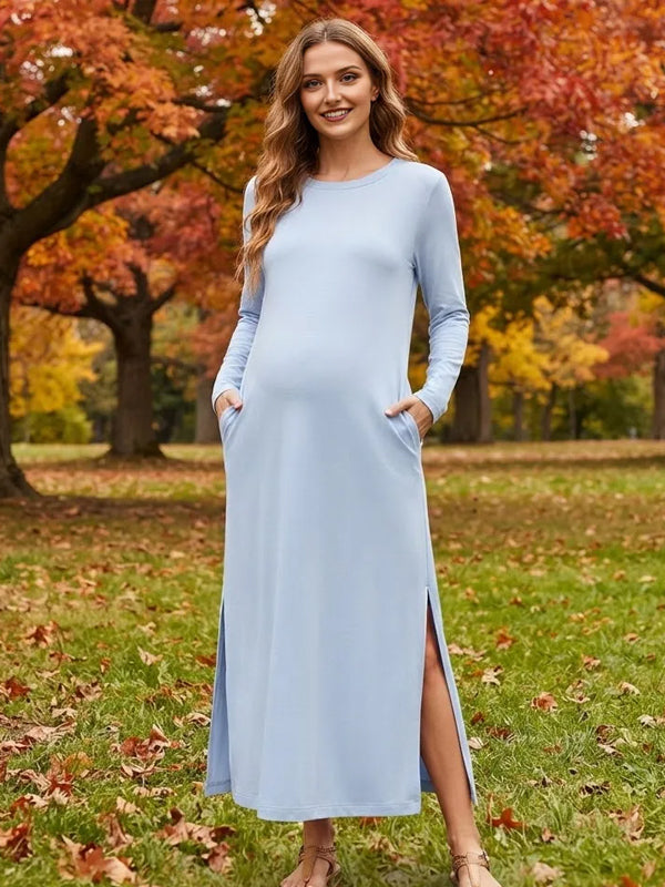 Blue Daily Maternity Maxi Dress with Side Slits and Pockets and Casual Silhouette