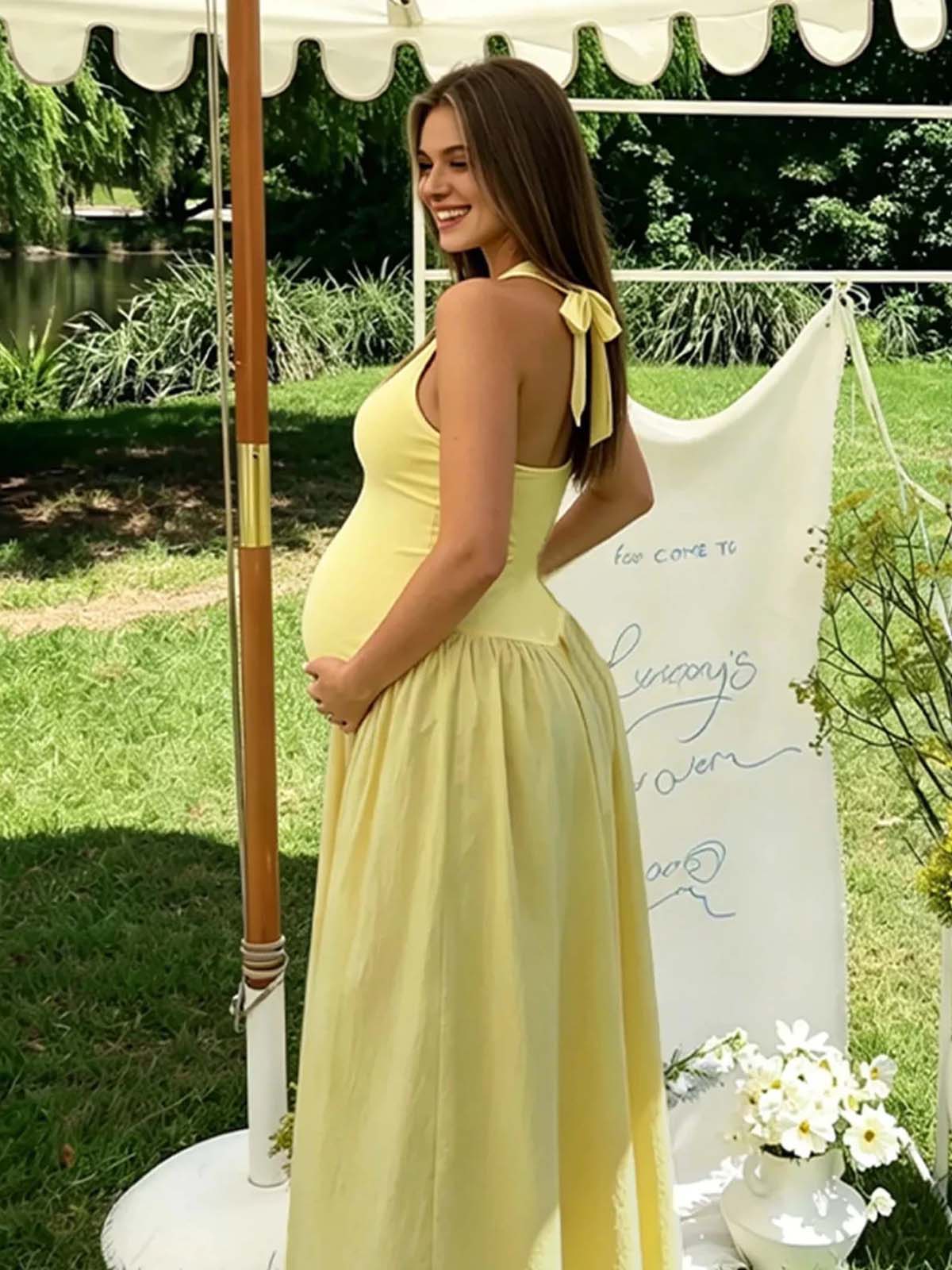 Momyknows Halter Neck Backless Lace Up Ruffle Baby Shower Maternity Maxi Dress, Yellow / M