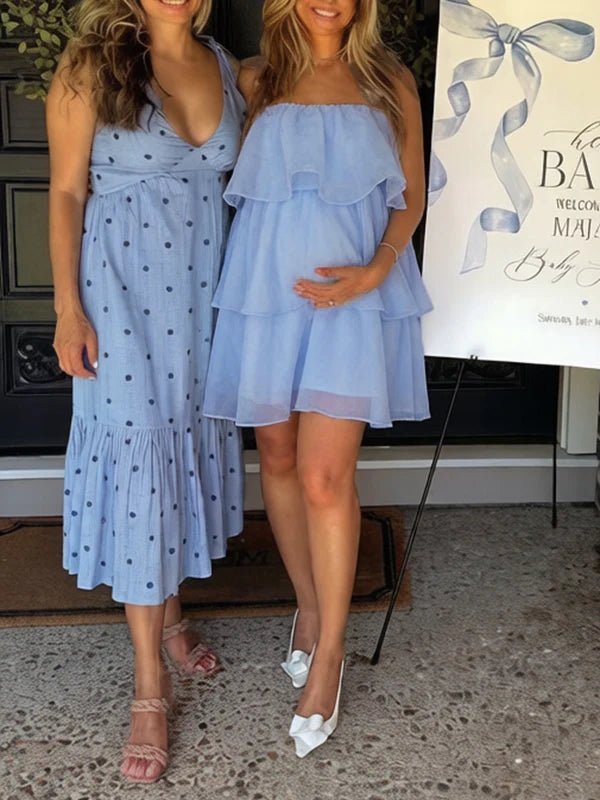 Momyknows Chic Blue Cascading Ruffle Bandeau Tulle Tutu Baby Shower Maternity Mini Dress, Blue / M