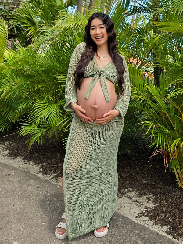 Momyknows 2-in-1 Cut Out Side Slit Fashion Vacation Cover Up Beach Photoshoot Maternity Maxi Dress, Green / S