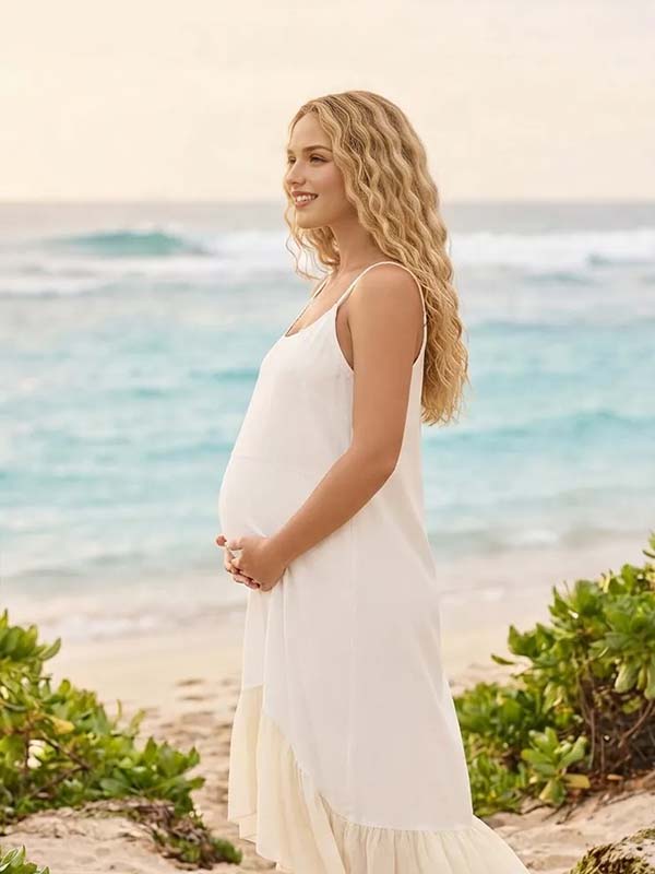 Momyknows Apricot Condole Belt Ruffle Grenadine Irregular Backless Maternity Photoshoot Midi Dress - apricot - 2