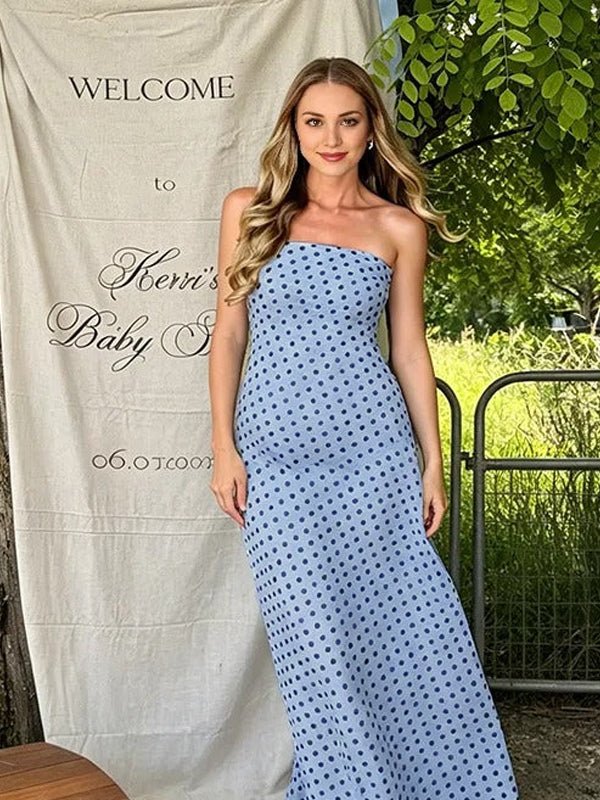 Momyknows Chic Blue Bandeau Grenadine Polka Dot Baby Shower Maternity Maxi Dress - Blue - 2