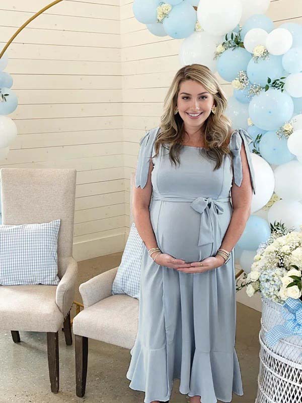Momyknows Blue Lace-up Spaghetti Strap Side Slit Flouncy Party Banquet Baby Shower Maternity Photoshoot Maxi Dress