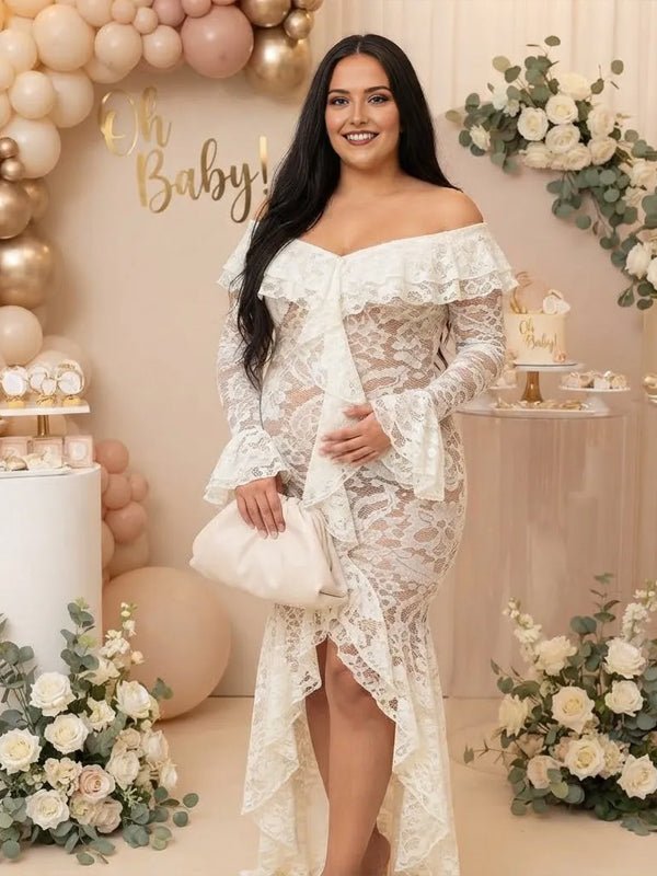 Momyknows White Off Shoulder Ruffle Side Slit Lace Flare Sleeve Maternity Baby Shower Maxi Dress - White - 5