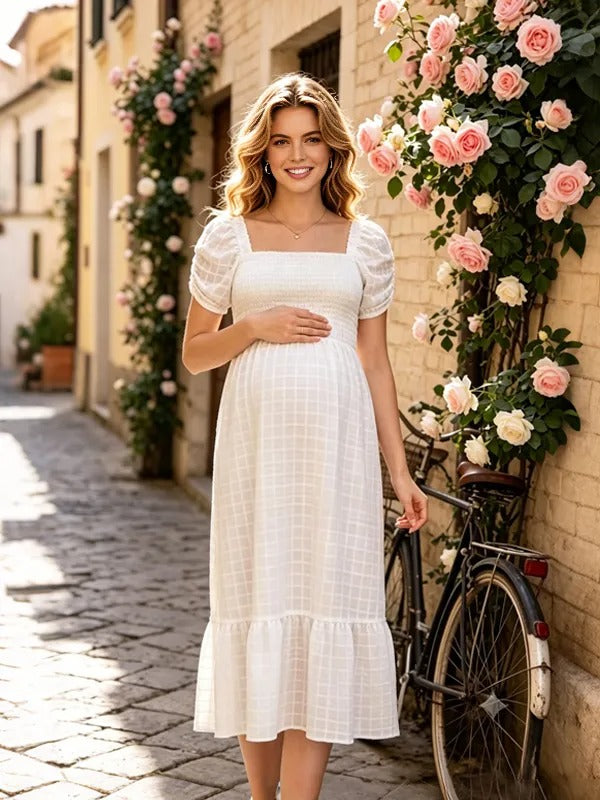 Momyknows White Square Neck Flannel Puff Sleeve Daily Maternity Photoshoot Midi Dress