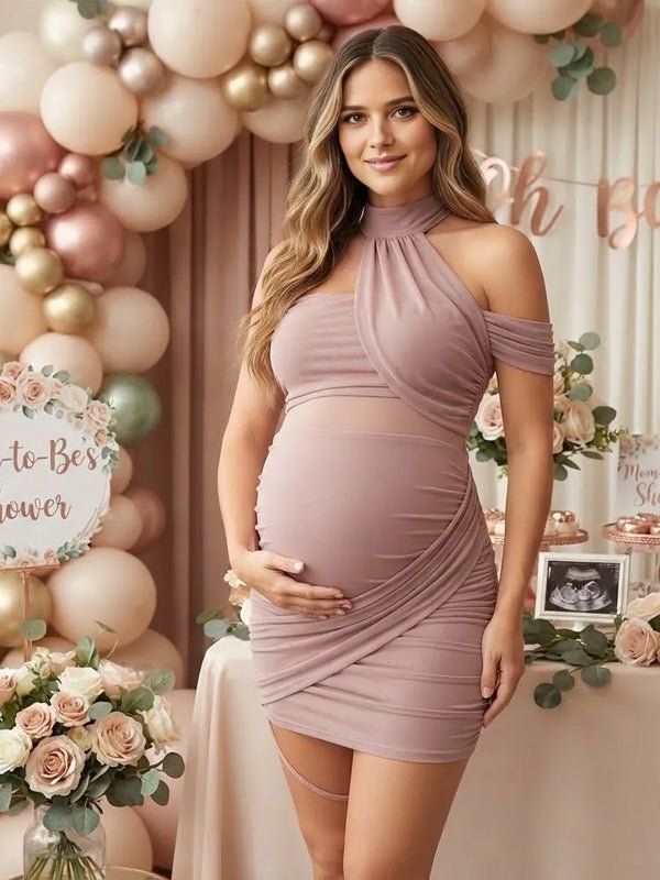 Momyknows Pink Ruched Splicing Backless Maternity Baby Shower Mini Dress - Pink - 1