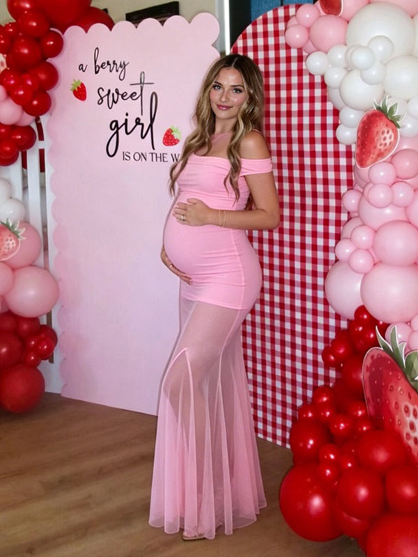 Momyknows Pink Oblique Shoulder Grenadine Splicing Sheer Maternity Baby Shower Maxi Dress