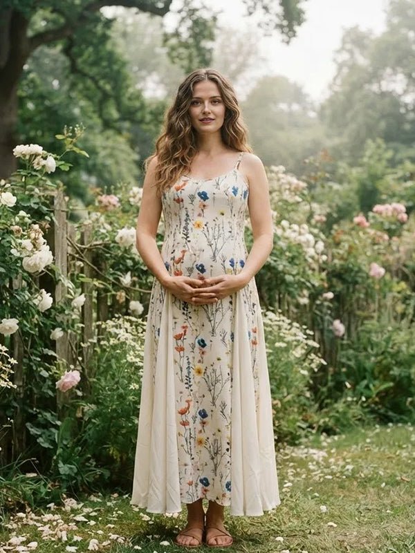 Momyknows Spaghetti Strap Print Spliced Big Swing Maternity Photoshoot Maxi Dress - Apricot - 3