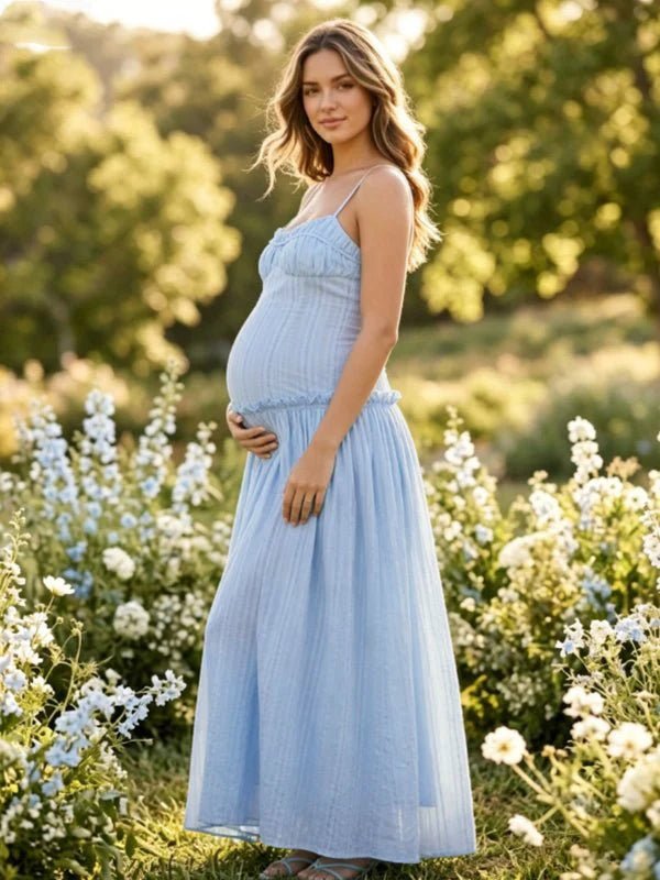 Momyknows Chic Ruffle Falbala Backless Maternity Photoshoot Maxi Dress - Blue - 5