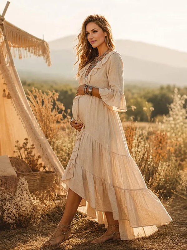 Momyknows Apricot Elegant Irregular Falbala Maternity Photoshoot Maxi Dress - Apricot - 3