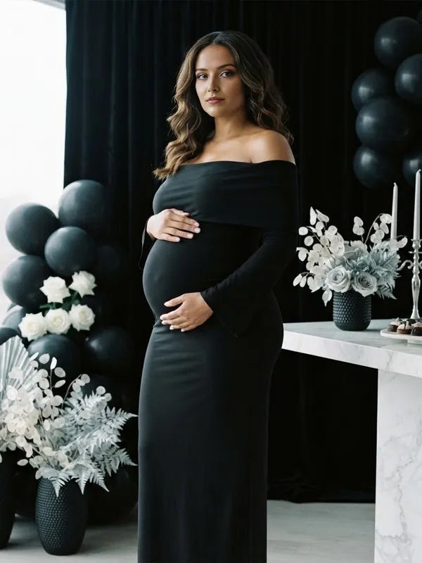 Momyknows Off Shoulder Side Slit Backless Flare Sleeve Ruched Maternity Baby Shower Maxi Dress - Black - 9