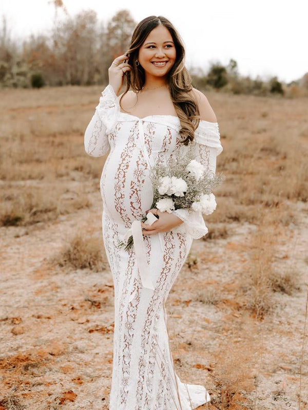 Momyknows White Off Shoulder Lace Bandeau Tie Front Mermaid Bandage Going Out Photoshoot Maternity Maxi Dress