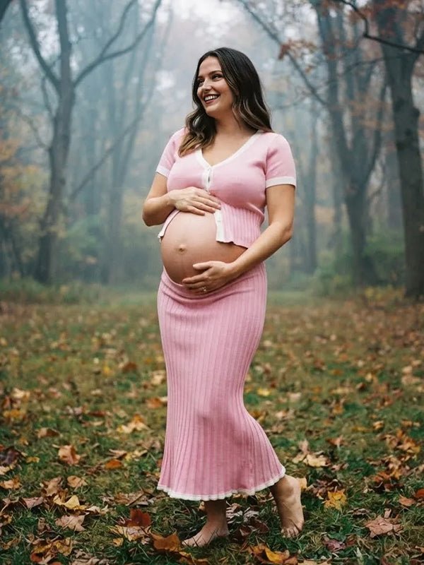 Momyknows Crochet Button Draped Hem Two Piece Maternity Photoshoot Maxi Dress - Pink - 6
