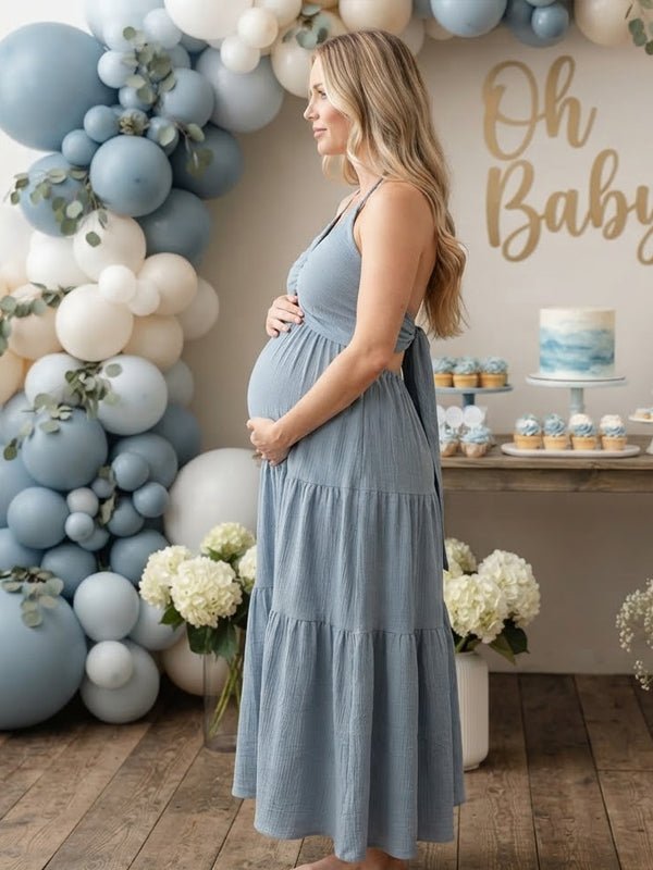Momyknows Grayish Blue Halter Neck Spaghetti Strap Ruched Maternity Baby Shower Maxi Dress - Grayish Blue - 2